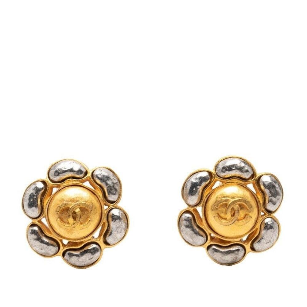 Chanel CC Logo Vintage Gold Silver Plated Clip-On Earrings